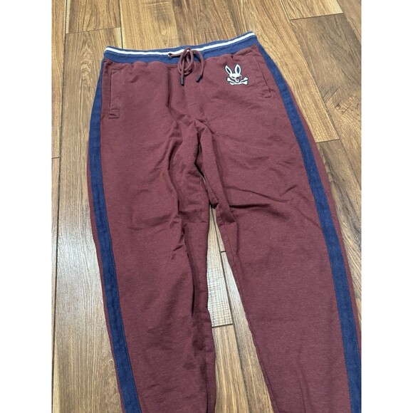 Psycho Bunny Pants Mens Medium Burgundy Blue Joggers Lounge Sweatpants (PICS!) - Picture 2 of 5